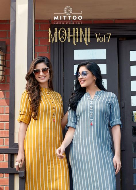 Mittoo Presenting Mohini Vol-7 Casual Wear Kurti With Bottom Collection Online From Fashion GoGirls At Wholesale Price. Kurti Dizain New, Strip Kurti Designs Latest, Strips Kurti Design, Latest Stitched Kurti Designs, Lace Pattern Kurti, New Dress Pattern, Stylish Kurtis Design, New Kurti Designs, Stylish Tops For Women