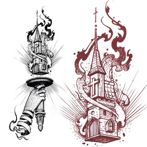 Burning church spiral hand torch matey.  #burningchurch Church Tattoo, Burning Church, Chest Tattoo Ideas, Castle Tattoo, Medieval Tattoo, Witch Tattoo, Dark Art Tattoo, Architecture Tattoo, Next Tattoo