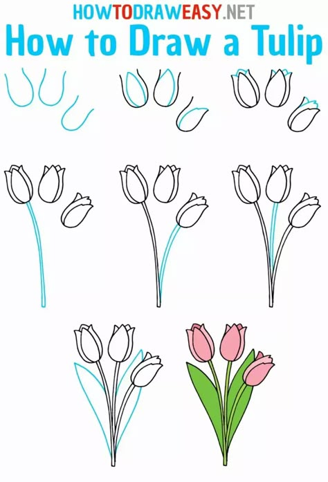 How to Draw Tulips - How to Draw Easy How To Draw Tulips Step By Step Easy, Tulips Drawing Tutorial, How To Draw A Tulip Easy, Tulip Doodle Simple, Drawing Tulips Step By Step, Drawing Tulips Flower, How To Draw Tulips Step By Step, How To Draw Plants Step By Step, How To Make Tulips