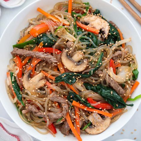 Easy Japchae Recipe Japchae Recipe Korean, Japchae Recipe, Julienned Carrots, Achilles Tendon, Beef Strips, Fried Fish Recipes, Glass Noodles, Sliced Meat, Toasted Sesame Seeds