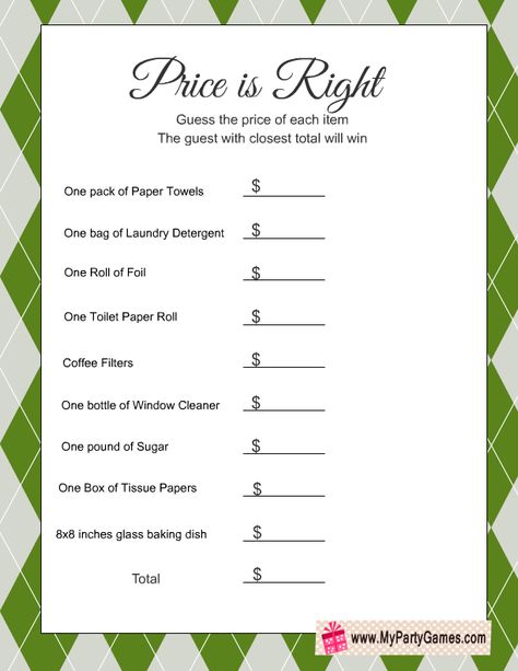 Price Is Right Games For Seniors, Pampered Chef Housewarming Party, Activities For Elderly In Nursing Home Free Printable, Games For Housewarming Party, House Warming Games Free Printable, Price Is Right Games Free Printable, Party Games For Seniors Citizens, The Price Is Right Game Ideas, Price Is Right Games Diy