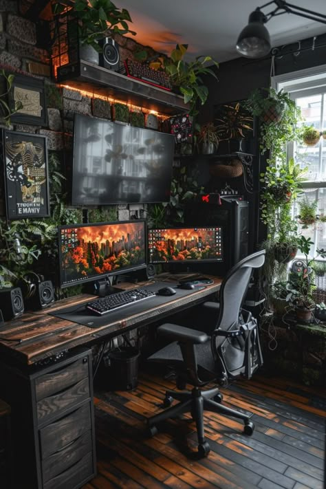 Cool Office Space Home, Dark Gaming Bedroom, Gaming Setup Room Aesthetic, Gaming Room Setup Aesthetic Dark, Moody Computer Room, Gamer Man Cave Ideas, Men Pc Setup, Gaming Setup Dark Aesthetic, Steampunk Gaming Setup