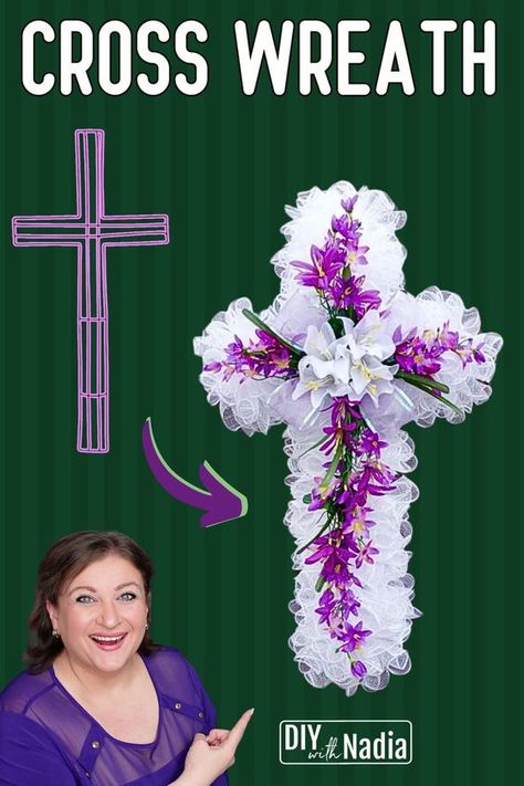 Deco Mesh Easter Cross Wreath Woodland Method | Dollar Tree Step by Step Wreath DIY Tutorial Step By Step Wreath, Butterfly Wreath Diy, Easter Cross Wreath, Cross Wreath Diy, Diy Deco Mesh Wreath, Burlap Wreath Tutorial, Mesh Ribbon Wreaths, Deco Mesh Wreaths Tutorials, Deco Mesh Wreaths Diy