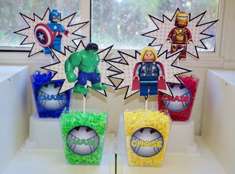 Lego Avengers Centerpiece by CREATINGxNEVERLAND on Etsy Avengers Centerpieces, Avenger Party, Avengers Crafts, Lego Avengers, Marvel Party, Avengers Theme, Centerpieces Ideas, Avenger Birthday Party, Avengers Party