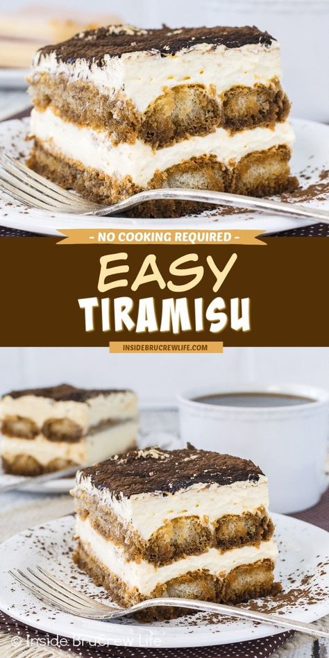 Easy Tiramisu - layers of creamy pudding cheesecake and coffee soaked lady fingers will have this pan of no bake dessert disappear in a hurry. Great recipe for summer picnics or fancy dinner parties! Dessert Recipes Using Lady Fingers, What To Make With Lady Fingers, Ladyfingers Recipe Desserts, Lady Finger Desserts, Lady Finger Cake, Tiramisu Recipe Without Eggs, Tiramisu Pudding, Lady Fingers Dessert, Incredible Desserts