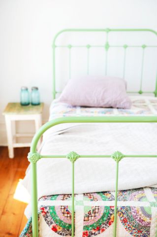 Inspired by old frames found in shearing sheds in outback Australia, our original and classically-styled Scout wrought Iron Bed. Cast Iron Bed. Painted Iron Beds, Cast Iron Bed, Small Girls Bedrooms, San Quintin, Granny Cottage, Character Homes, Antique Iron Beds, Cast Iron Beds, Deck Plan