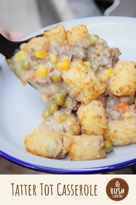 Tater Tot Casserole | Bush Cooking Iron Skillet Recipes, Tot Casserole, Cast Iron Skillet Recipes, Tater Tot Casserole, Beef Meat, Potato Vegetable, Baked Casserole, Outdoor Food, Camp Cooking