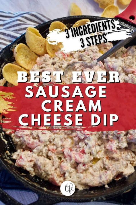 Best 3 ingredient sausage dip ever. Gluten Free and Low Carb and only 3 steps and about 15 minutes. Easy appetizer, great for the Super Bowl or Game Day. Uses Jimmy Dean sausage and Rotel. Make on stovetop, oven or crockpot, great tailgating recipe, bachelor party, or camping recipe! Mmm good! #thefreshcooky #besthotdiprecipe #sausagedipcreamcheese Jimmy Dean Dip Crockpot, Jimmy Dean Rotel Dip, Jimmy Dean Dip Recipes, Jimmy Dean Sausage Recipes Dinner, Jimmy Dean Dip, Jimmy Dean Sausage Dip, Jimmy Dean Sausage Recipes, Sausage Cream Cheese Dip, Dip Dessert