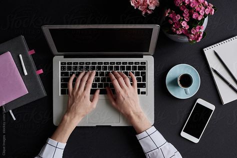 Work Office Decor Ideas, Woman Working On Laptop, Organized Home Office, Working On Laptop, Table Top View, Female Hands, Work Office Decor, Pink Laptop, Organized Home