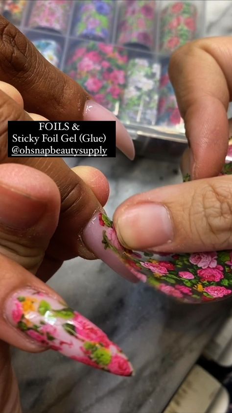 FOILS & Sticky Foil Gel (Glue) ❤️@sugarandcream . . Shop using link in profile or go to OHSNAPBEAUTYSUPPLY.COM . . #nails #nailart… | Instagram Nail Foil Transfer Designs Ideas, Foil Transfer Nails Designs, Fall Foil Nail Designs, Nail Designs With Foil, Nail Foils, Foil Nails Designs, Nail Foil Tutorial, How To Do Foil Nail Art, Transfer Foil Nail Art Designs Ideas