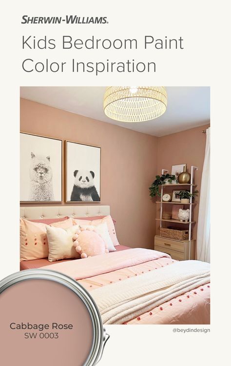 Bring a warm and rosy disposition to your children's space with Cabbage Rose SW 0003 from Sherwin-Williams. Tap this pin to order a FREE color chip to see what this hue looks like in your space. (Photo courtesy: @beydindesign on Instagram.) 

#SWColorLove #SherwinWilliams #DIY #InteriorDesign #Color #Inspiration #Paint #KidsRoom Dusty Pink Sherwin Williams, Sherwin Williams Nursery Colors Girl, Sherwin Williams Girls Bedroom Colors, Toddler Girl Paint Colors Room Ideas, Sw Cabbage Rose, Sherwin Williams Cabbage Rose, Cabbage Rose Sherwin Williams, Girl Room Paint Ideas, Kids Bedroom Wall Color