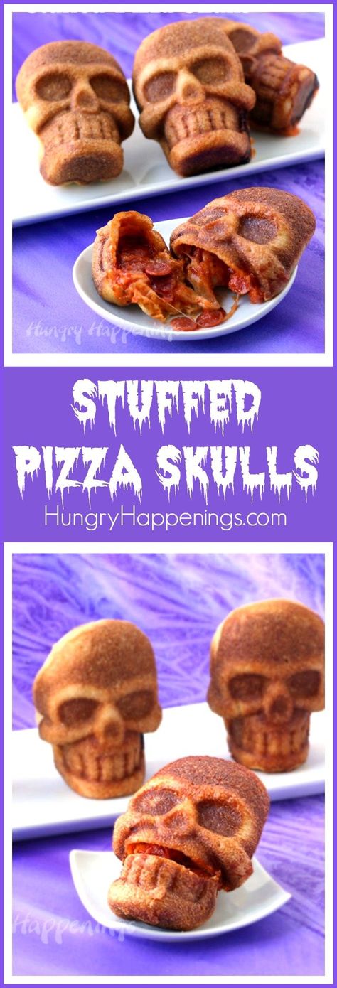 Stuffed Pizza Skulls - Hungry Happenings Video Tutorial Pizza Skulls, Skull Pizza, Stuffed Pizza, Halloween Pizza, Mackerel Recipes, Halloween Appetizers, Halloween Baking, Halloween Dinner, Halloween Goodies