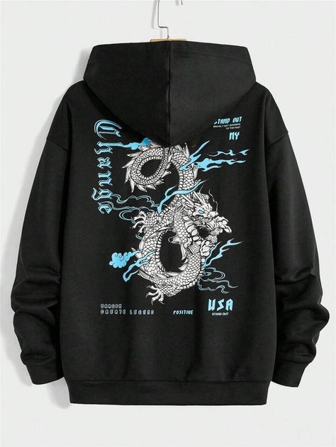 Streetwear Hoodie Design, Shein Men, Dragon Graphic, Dragon Hoodie, Lil Bro, Drop Shoulder Hoodie, Men Hoodies, Streetwear Hoodie, Anime Tshirt