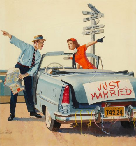 GORDON JOHNSON - art for Just Married - Aug 5, 1956 American Weekly Norman Rockwell Art, Rockwell Paintings, Norman Rockwell Paintings, Retro Kunst, Pinup Art, And So It Begins, Images Vintage, Pulp Art, Illustration Vintage