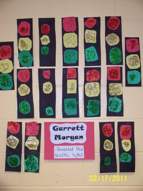 Construction paper and glitter traffic lights: Very easy! Garrett Morgan, History Classroom Decorations, Family History Projects, History Activities, Art And Craft Videos, History For Kids, History Art, History Projects, Toddler Art