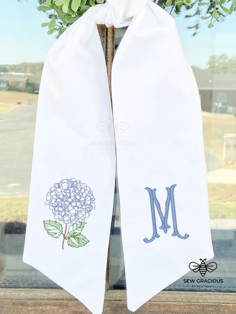 Hydrangea Wreath Sash Monogram, Spring Front Door, Summer Wreath Sash, Baby or Bridal Shower, Mother's Day Gift Ideas, Wedding Venue - Etsy Boxwood Wreath With Sash, Monogrammed Wreath Sash, Wreath Sash Sewing Pattern, Wreath Sash Diy, Fall Wreath Sash, Wreath Sash Ideas, Wreath Sash Pattern, Wreath Scarves, Wreath With Sash