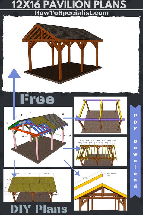 Gazebo Plans How To Build, 12x16 Pavilion Plans, 12x16 Gazebo Ideas, Gazebo Plans Diy Step By Step, Free Gazebo Plans, Pavillion Backyard, Wooden Gazebo Plans, Diy Pavilion, Backyard Pergola Ideas