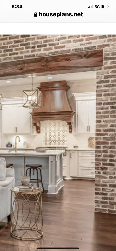 Farmhouse Brick Accent Wall, Brick Backsplash Tile Kitchen, Brick Accent Wall Kitchen, Farmhouse Kitchen Wood Cabinets, Brick In Kitchen, White Brick Kitchen, Brick Kitchen Floor, Kitchen Exposed Brick, White Traditional Kitchen