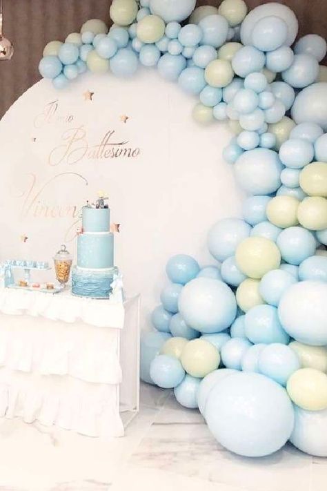 Don't miss this adorable Little Prince-themed baptism! The balloon decorations are gorgeous! See more party ideas and share yours at CatchMyParty.com #catchmyparty #partyideas #baptism #littleprince #littleprincebaptism #princeparty #princebaptism Christening Backdrop Boy, Dedication Decorations Ideas, Baptismal Backdrop, Baptism Stage Decoration, Baptism Backdrop Boy, Christianing Ideas Decor, Baptismal Decorations Boy Backdrops, Baptismal Theme Boy, Baby Boy Christening Decorations