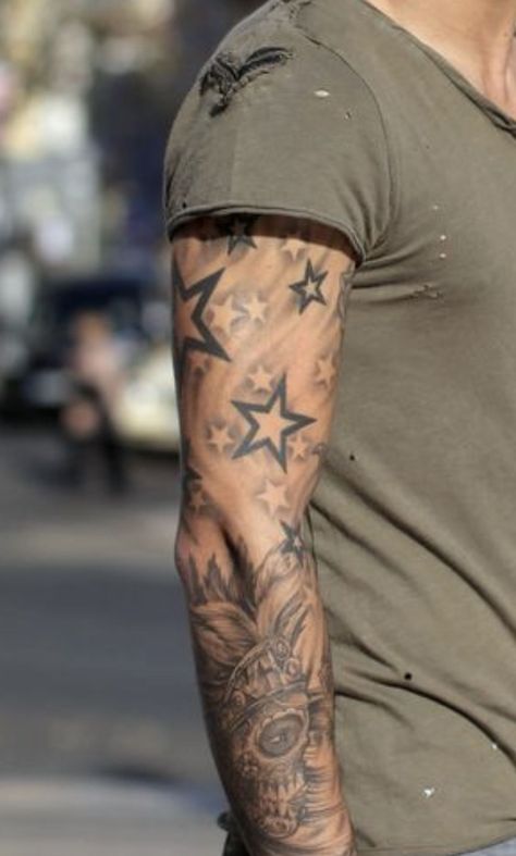 Star Tattoo Sleeve For Men, Cloud Tattoo With Stars, Star Tattoo Men Arm, Forearm Star Tattoo Men, Stars Arm Tattoo Sleeve, Bicep Men Tattoo, Clouds Stars Tattoo, Cloud Stars Tattoo, Star Sleeve Tattoo Men