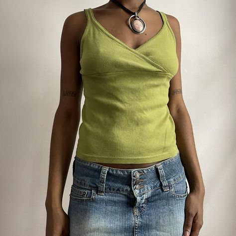 Vintage 90s Green Tank Cami Top  Size... - Depop Green Tank Top Outfit, Clairo Concert, Vintage Cami Top, 90s Tank Top, Vintage Cami, Y2k Tank Top, Green Y2k, Y2k Cami, Concert Fit