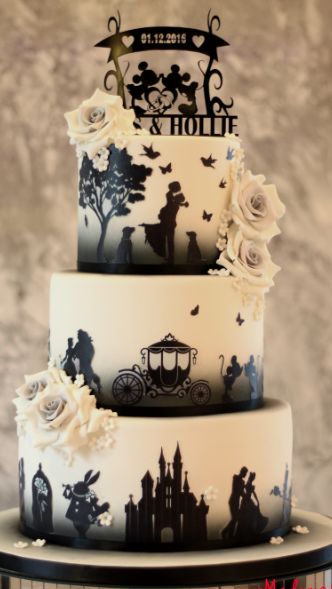 Disney Silhouette Wedding Cake, Wedding Cake Disney Theme, Disney Wedding Cake Designs, Disney Themed Wedding Cake, Disney Theme Wedding Cake, Disney Inspired Wedding Cakes, Haunted Mansion Wedding Cake, Dark Disney Wedding, Wedding Cakes Disney