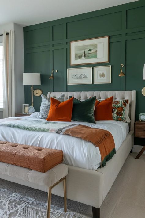 Dark Green Boho Bedroom, Green And Orange Bedroom, Chic Boho Bedroom, Wall Paint Inspiration, Black White Bedrooms, Boho Colors, Colours That Go Together, Orange Bedroom, Mixing Patterns