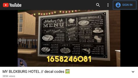 Roblox Bloxburg Menu Codes, Bloxburg Restaurant Sign Decal Codes, Bloxburg Resturaunt Codes, Bloxburg Restaurant Menu Decals, Cafe Codes Bloxburg, Bloxburg Cafe Sign, Bloxburg Restaurant Ideas Exterior, Restaurant Decals Bloxburg, Bloxburg Restaurant Decal Codes