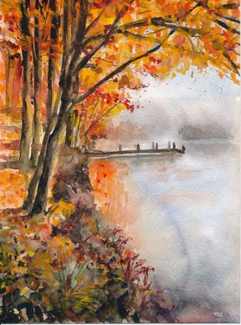 Drawing Ideas Watercolor, Autumn Watercolour, Leaf Stamping, Watercolor Makeup, Fall Scenes, Ideas Watercolor, Tree Watercolor, Sky Artwork, Fall Watercolor