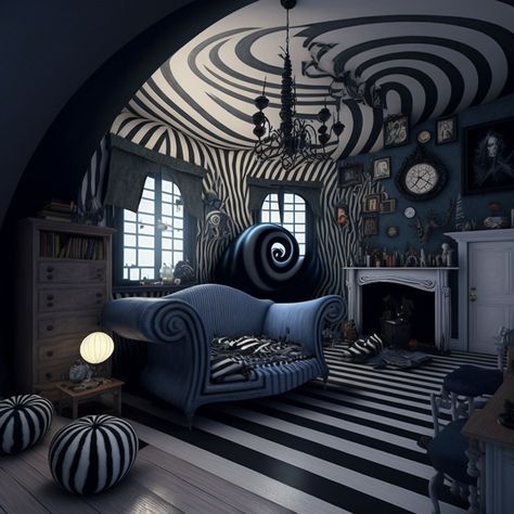 Tim Burton Inspired Room, Tim Burton Bedroom Ideas, Coraline Themed Room, Tim Burton Room Ideas, Tim Burton Bedroom, Tim Burton Room, Tim Burton House, Tim Burton Decor, Christmas Comics