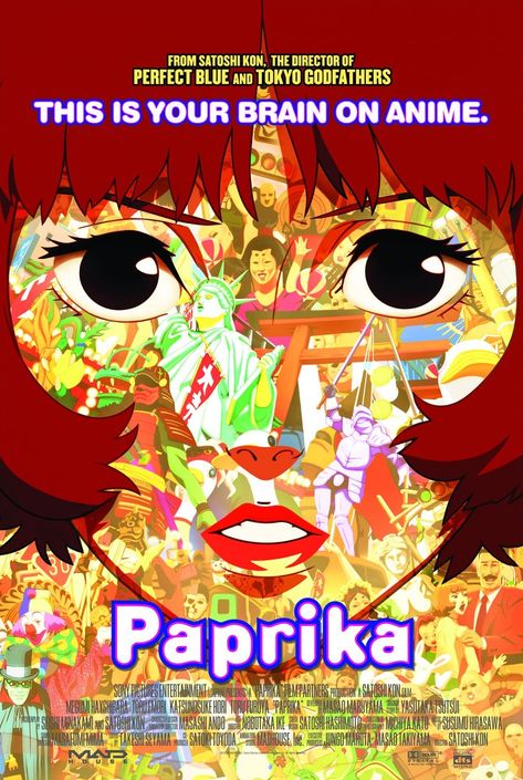 A film poster for Paprika. A close up of a woman’s face is filled with a collage of people in colourful clothing walking in a parade. Parent Trap Twins, Tokyo Godfathers, Satoshi Kon, Diego Luna, Moonrise Kingdom, Edward Norton, Tv Series Online, Anime Posters, Christopher Nolan