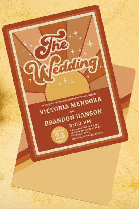 This fun and groovy wedding invitation is perfect for the summer season. It features a retro sun design with 70's typography. The color scheme includes terracotta, orange, mustard-yellow, and beige. It's playful, unique, boho, and hippie. 70s Wedding Invite, 70s Invitation Design, Woodstock Wedding, Groovy Wedding, Sun Wedding, Retro Wedding Invitations, Digital Ideas, Sunflower Wedding Invitations, Mother Wedding