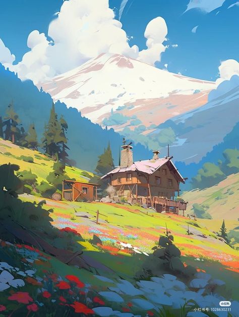 Landscape Design Digital Art, Mountain Background Drawing, Fantasy Environment Concept Art, Ghibli Landscape, Landscapes Digital Art, Landscape Concept Art, Digital Landscape Art, Landscape Composition, Concept Art Landscape