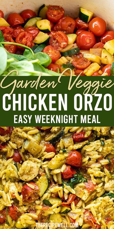 Chicken Tomatoes Zucchini, Chicken Orzo Zucchini, Sautéed Vegetables Recipes, Healthy Pesto Chicken, Orzo With Chicken, Vegetable Orzo, Farmhouse Cooking, Sautéed Chicken, Healthy Pesto