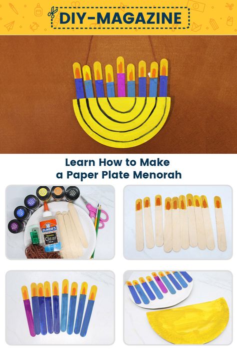 Learn How to Make a Paper Plate Paper Menorah Paper Plate Menorah Craft, Menorah Art For Kids, Menorah Crafts For Kids, Craft Painting Ideas, Hanukkah Crafts For Kids, Menorah Craft, Plate Painting Ideas, Dark Blue Candles, Light Blue Candles