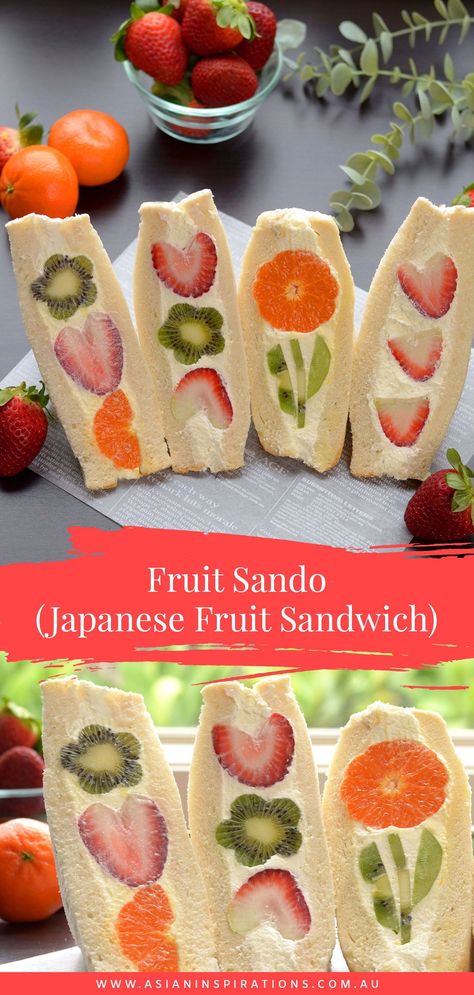 Sando Bento, Fruit Sandwich Aesthetic, Fruit Sandwich Recipes, Fruit Sando Aesthetic, Sandwich Sando, Japanese Fruit Sandwiches, Asian Picnic, Japanese Sando, Japanese Fruit Sandwich Recipe