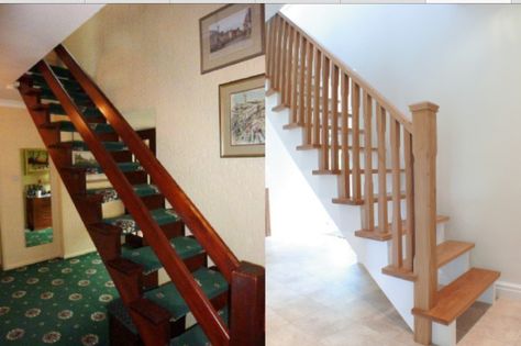 Before and after 60's staircase 60s Staircase, 1970s Staircase, Landing Decor, Stair Renovation, Stair Banister, Stairs Makeover, Contemporary Staircase, House Staircase, Open Staircase