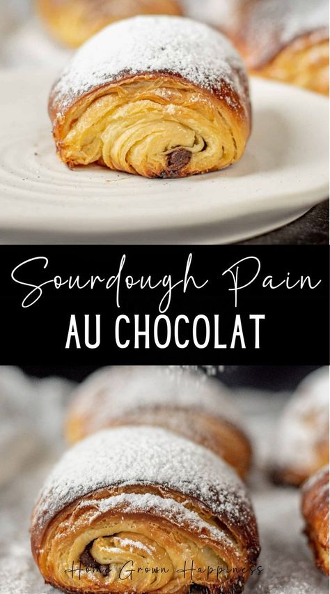 These sourdough pain au chocolat feature dark chocolate enclosed in a light and flaky pastry case. Although these sourdough pastries are commonly called sourdough chocolate croissants, they aren’t technically croissants. ‘Croissant’ means crescent and refers to the crescent shape that croissants commonly have. A pain au chocolate is not a chocolate crescent. But shapes aside, it uses the same sourdough laminated dough base. Sourdough Pastries, Laminated Dough, Pastry Case, Recipe Using Sourdough Starter, Yeast Free Breads, Chocolate Croissants, Sourdough Starter Discard Recipe, Discard Recipes, Homemade Sourdough Bread