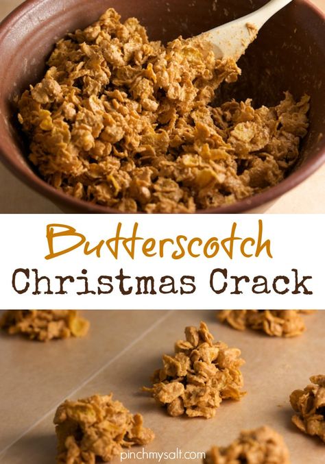 Super easy 3-ingredient no-bake Christmas Candy recipe! This butterscotch corn flake candy recipe is so good that all my friends call it Christmas Crack! It’s the easiest candy or cookie ever and a cookie platter must have! | pinchmysalt.com Corn Flake Candy Recipe, Corn Flake Candy, Cornflake Candy, Butterscotch Recipes, Butterscotch Candy, Corn Flake, Crockpot Candy, Easy Candy Recipes, Christmas Easy