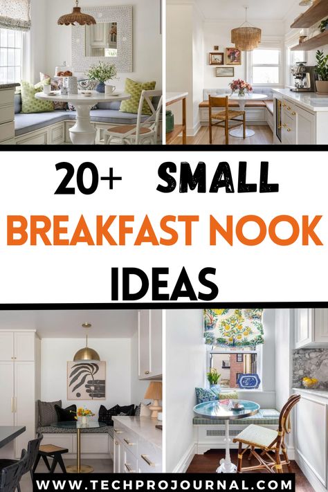 I'm all about these small breakfast nook ideas! Perfect for adding charm and comfort to tiny corners, these noo designs show you how to create a delightful spot for your breakfast no matter your kitchen size. Breakfast Nook Tiny House, Kitchen With Round Table Ideas, Kitchen Nook Ideas Small Corner, Small Dining Nook Ideas, Nook Ideas Kitchen, Breakfast Area Ideas, Small Eat In Kitchen Ideas, Tiny Breakfast Nook, Corner Breakfast Nook Ideas