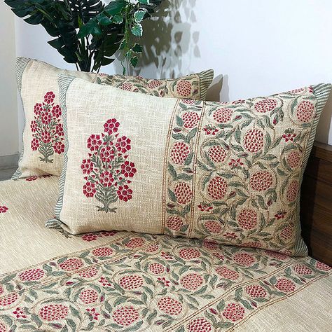 Buy In Bloom  Turn your home into a floral paradise with foliage inspired cushion covers, art prints, dhurries, trays and more Online at Jaypore.com Block Printed Bedsheets, Cushion Covers Ideas, Crochet Bedsheets, Draps Design, Trending Crochet Patterns, Printed Bedsheets, Bed Cover Design, Designer Bed Sheets, Cushion Cover Pattern