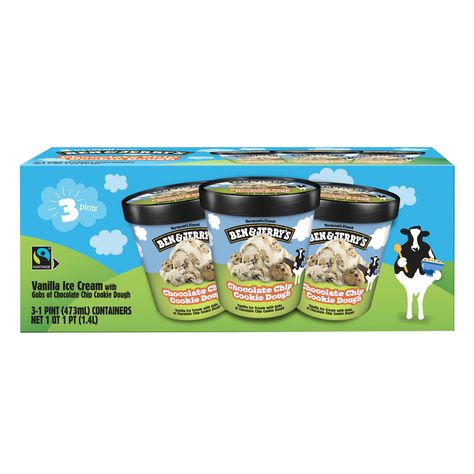 Ben & Jerry's Chocolate Chip Cookie Dough ice cream pint features big delicious chunks of chocolate chip cookie dough surrounded by creamy vanilla ice cream. It seems like such a no-brainer today, but in 1984 it was revolutionary. The Cookie Dough you know and love started with a simple suggestion: What if you put chunks of chocolate chip cookie dough into vanilla ice cream? That was the wonderful anonymous idea submitted way back in the early days of Ben & Jerry's first Burlington, Vermont, USA, Scoop Shop. They used to have a bulletin board where people could suggest new flavors for Jerry and Ben to make - and this idea stood out. The folks at the Scoop Shop immediately went to work mixing up a batch of Cookie Dough. It was an instant hit. Initially, the flavor was only available at the Chocolate Chip Cookie Dough Ice Cream, Ice Cream Pint, Creamy Vanilla Ice Cream, Pint Of Ice Cream, Liquid Sugar, Cage Free Eggs, Cookie Dough Ice Cream, Chocolate Cookie Dough, Vermont Usa