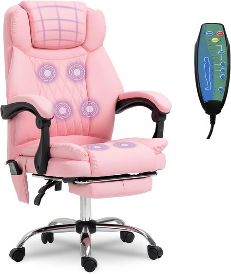 PRICES MAY VARY. ✅【Adjustable Executive Chair】- Adjusting your backrest from 90°- 145°， you may easily adjust your backrest to your favorite position, the seat height adjusts from 19"- 23" for you to adjust to the ideal height. Retractable footrest allows you to relax during a busy workday. The chair easily swivels 360 degrees to get the maximum use of your workspace without strain. ✅【Ergonomic Desgin】- The Ergonomic office chair is made of faux leather, coming with double layer soft cushion can Pink Chair Office, Wrap Around Desk Office, Modern Office Desk Decor, Dream House Decor Office, Pink And Green Office Decor, Cute House Decor Bedroom, Pink Cubicle Decor Work Spaces, Cute Office Chairs, Home Office Amazon Finds