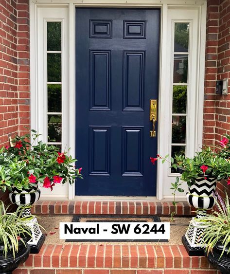 Naval ~ SW 6244 ~ Sherwin Williams ~ blue front door Navy Blue Front Door, Brick House Front Door Colors, Navy Front Door, Sherwin Williams Blue, Exterior Door Colors, Blue Front Door, Front Door Makeover, Front Door Paint Colors, Door Colors