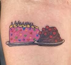 Ruby And Max Aesthetic, Max And Ruby Cake Tattoo, Cute Cake Tattoo, Childish Tattoos, Max And Ruby Tattoo, Ruby Tattoo Ideas, Cake Tattoo Ideas, Childhood Tattoo Ideas, Childhood Tattoos