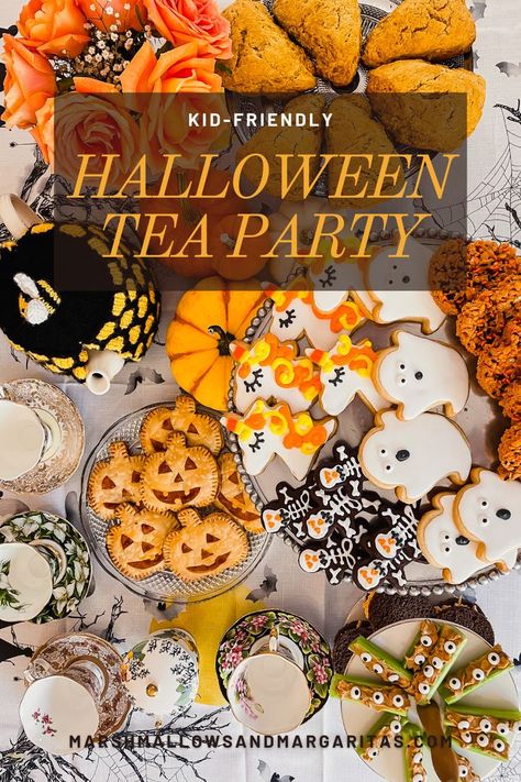 Halloween Afternoon Tea Ideas, Witches Tea Party Food, Halloween Tea Party Sandwiches, Halloween Themed Tea Party, Pumpkin Tea Party, Kids Halloween Tea Party, Halloween Tea Sandwiches, Halloween Tea Party Food, Witchy Tea Party