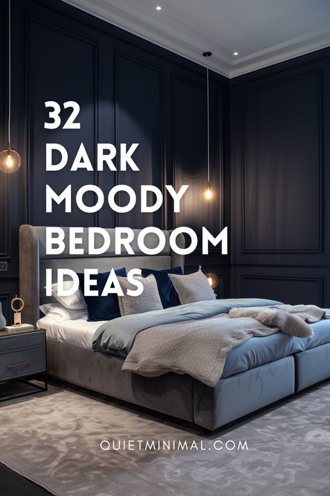 Escape into the tranquil embrace of dark and moody bedrooms with our curated collection of 32 inspiring ideas. #DarkAndMoody #BedroomIdeas #CozySanctuary #WarmthAndComfort #BedroomInspiration Dark Calm Bedroom, Dark Moody Master Bed, Master Bedrooms Decor Dark, Moody Bedrooms, Dark And Moody Bedroom, Moody Bedroom Ideas, Bedroom Color Combination, Calming Bedroom, Moody Bedroom