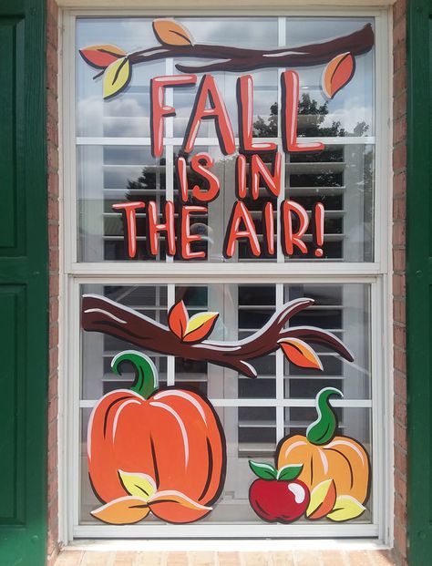 Isn't it one of mother natures best gifts when you smell that first whiff of fall air?  Crisp, cool, fresh, yet cozy. Commemorate the vibe with some funky window art in your home, storefront or workplace. Window Pane Painting, Window Drawing Ideas, Painted Window Panes, Fall Window Painting, Fall Window Decorations, Fall Painting Ideas, Pumpkin Canvas Painting, Painted Window Art, Fall Windows