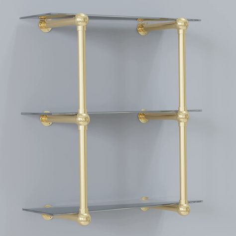 Brass Bistro Shelves, Diy Bistro Shelves, Diy French Bistro Shelves, Glass Kitchen Shelves, Bistro Shelf, Bistro Shelves, French Bistro Kitchen, Wall Mounted Kitchen Shelves, Bistro Shelving