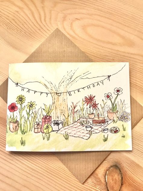 Picnic Cards Ideas, Gift Card Painting Ideas, Handmade Bday Card Ideas, Detailed Birthday Card, Cute Birthday Paintings, Colored Pencil Birthday Card, Friend Birthday Card Handmade, Birthday Card Acrylic Painting, Personal Cards Design Ideas